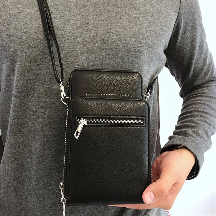 002 Double Layer PU Leather Men Zipper Wallet Cellphone Holder Small Crossbody Bag - Black - 3