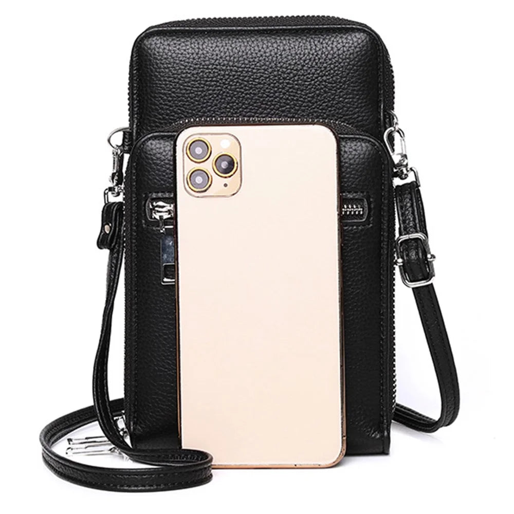 002 Double Layer PU Leather Men Zipper Wallet Cellphone Holder Small Crossbody Bag - Black - 4