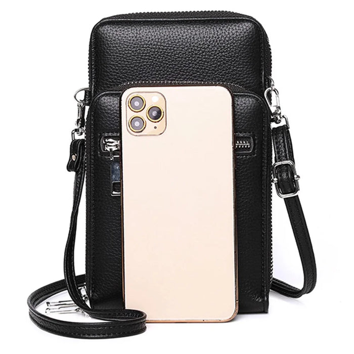 002 Double Layer PU Leather Men Zipper Wallet Cellphone Holder Small Crossbody Bag - Black - 4