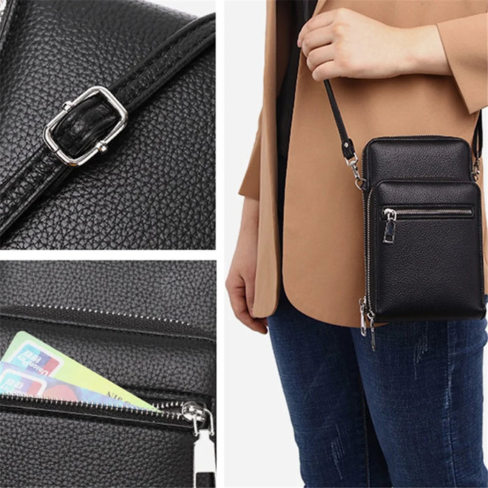 002 Double Layer PU Leather Men Zipper Wallet Cellphone Holder Small Crossbody Bag - Black - 5