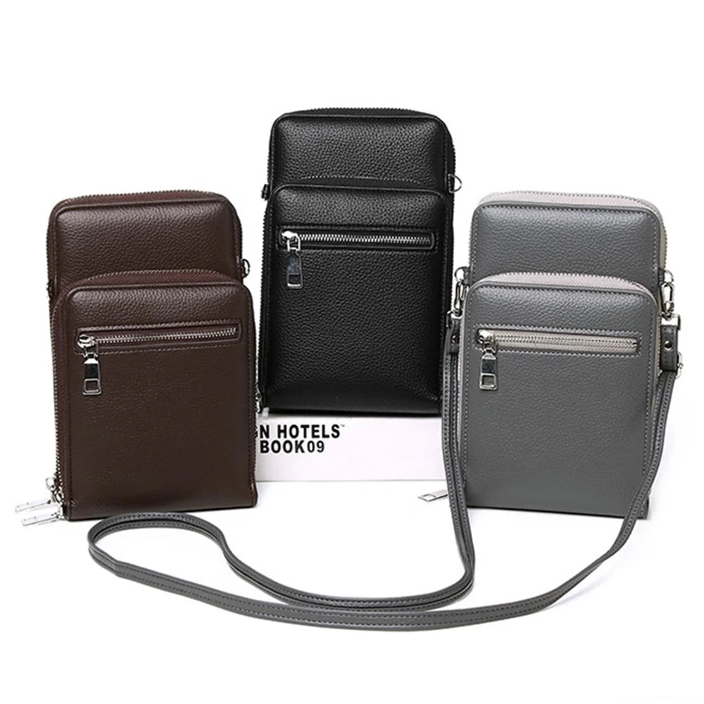 002 Double Layer PU Leather Men Zipper Wallet Cellphone Holder Small Crossbody Bag - Black - 6
