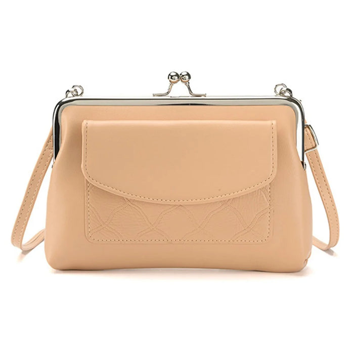 6153 Kiss Lock Design Crossbody Bag Soft PU Leather Shoulder Bag Handbag Daypack - Beige - 1