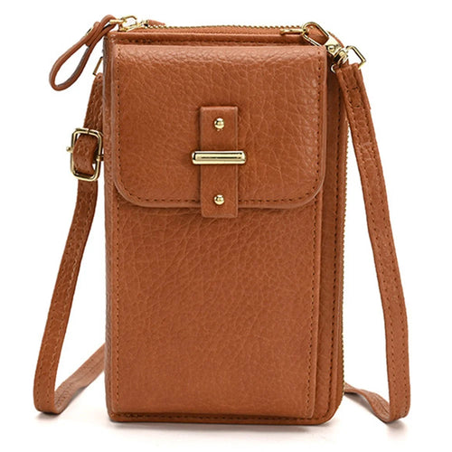 6130 PU Leather Zipper Wallet Phone Carrying Pouch Women Small Crossbody Shoulder Bag - Brown - 1
