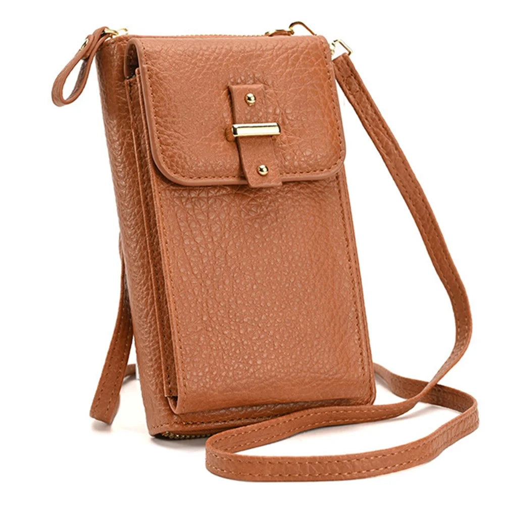 6130 PU Leather Zipper Wallet Phone Carrying Pouch Women Small Crossbody Shoulder Bag - Brown - 2