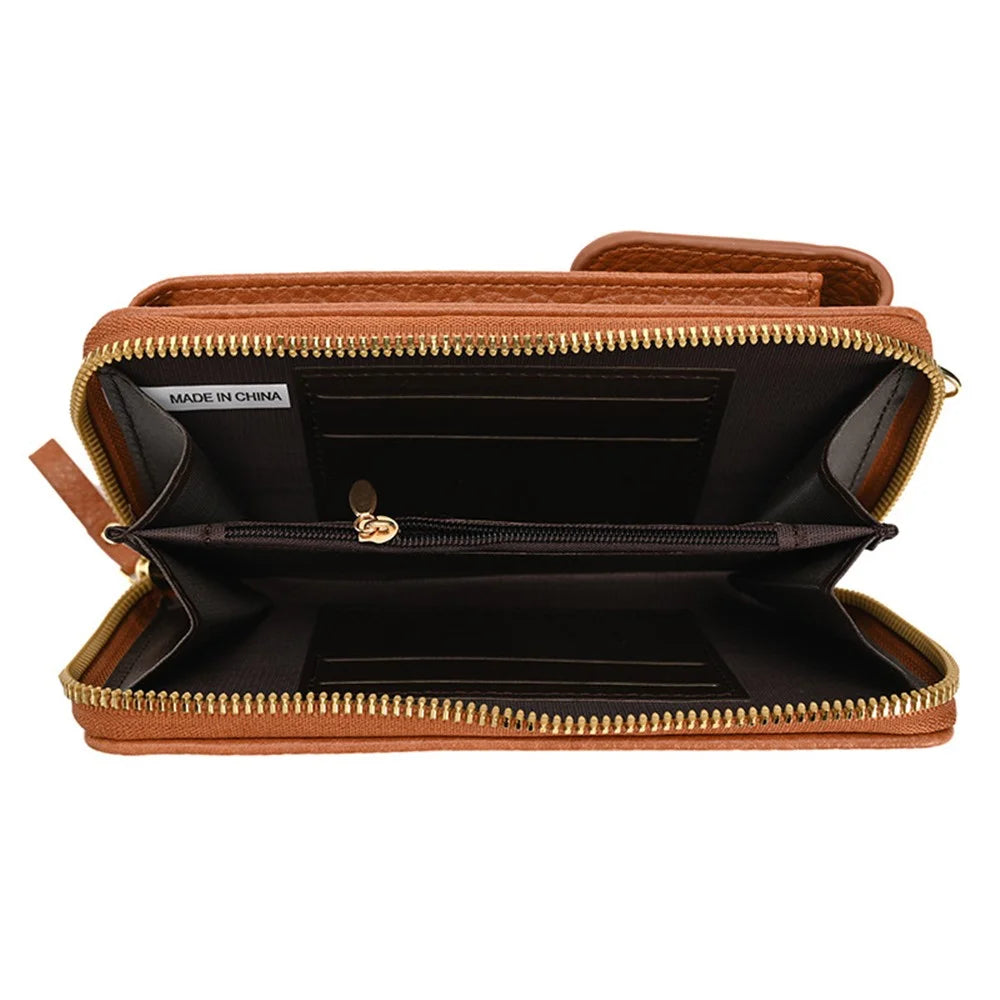6130 PU Leather Zipper Wallet Phone Carrying Pouch Women Small Crossbody Shoulder Bag - Brown - 3