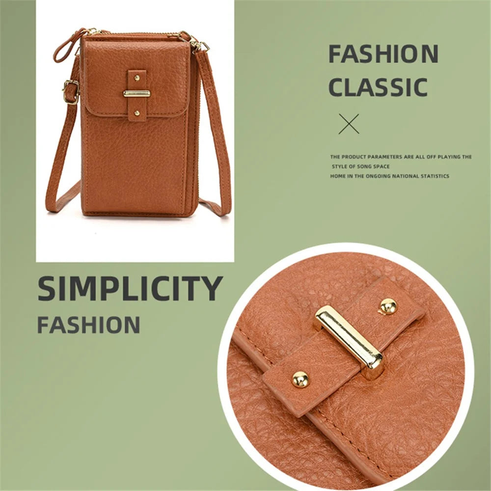 6130 PU Leather Zipper Wallet Phone Carrying Pouch Women Small Crossbody Shoulder Bag - Brown - 4