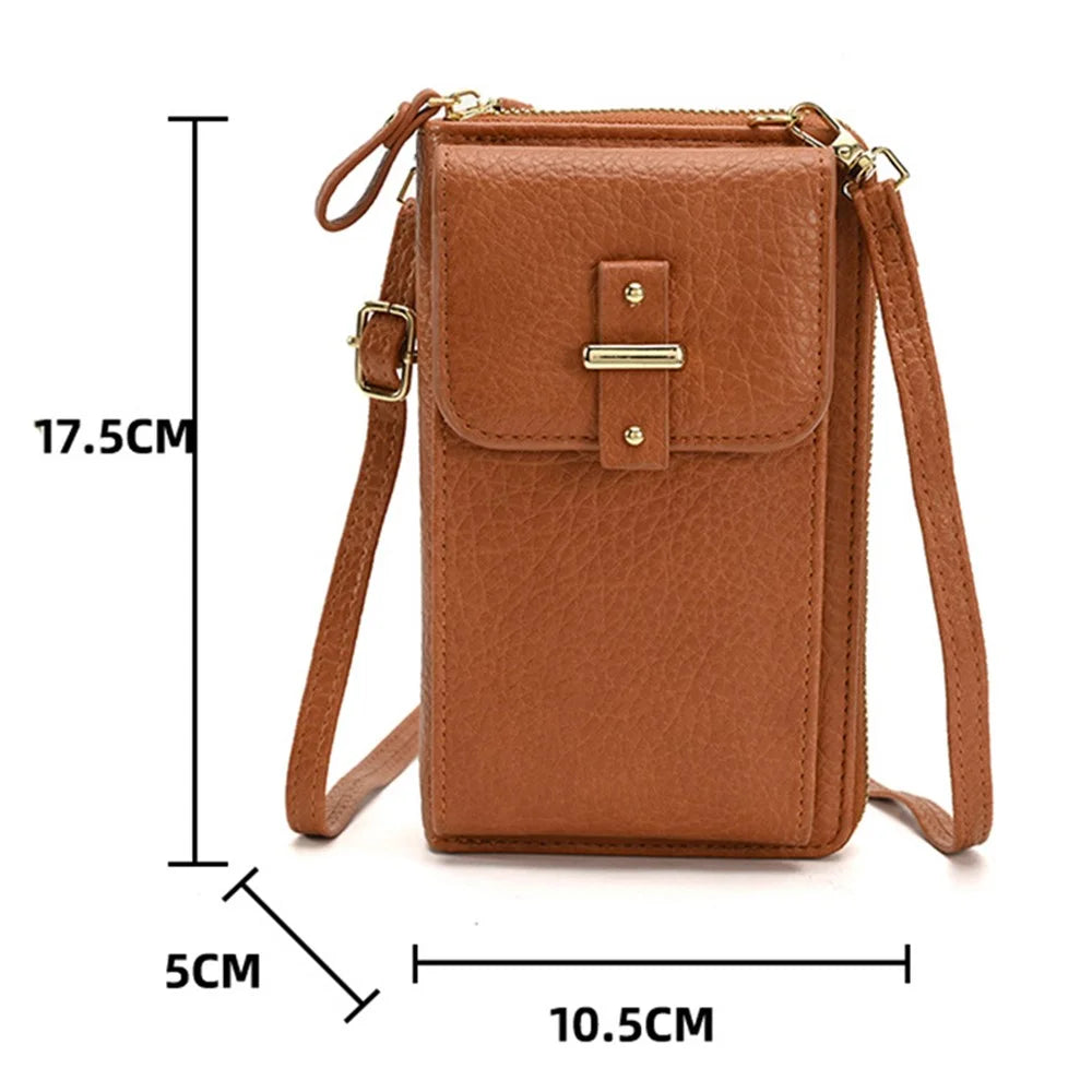 6130 PU Leather Zipper Wallet Phone Carrying Pouch Women Small Crossbody Shoulder Bag - Brown - 6