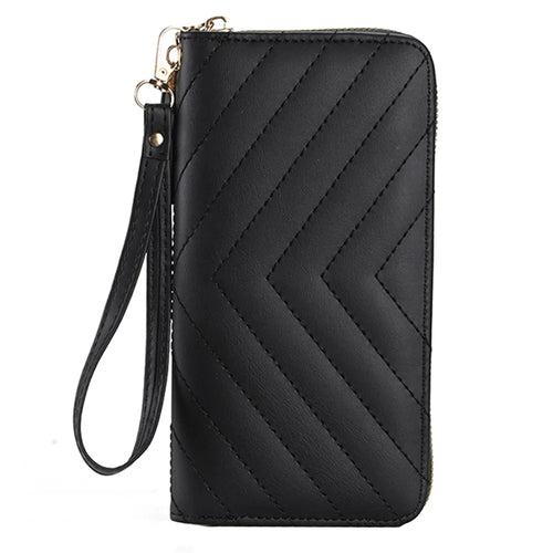 9316 Women's Wristlet Clutch Purse Stitching Line Design PU Leather Cell Phone Pouch Long Wallet Handbag - Black - 1