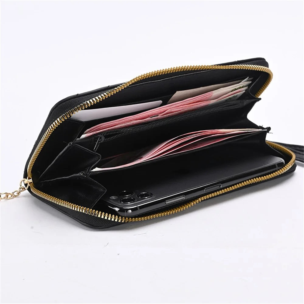 9316 Women's Wristlet Clutch Purse Stitching Line Design PU Leather Cell Phone Pouch Long Wallet Handbag - Black - 3