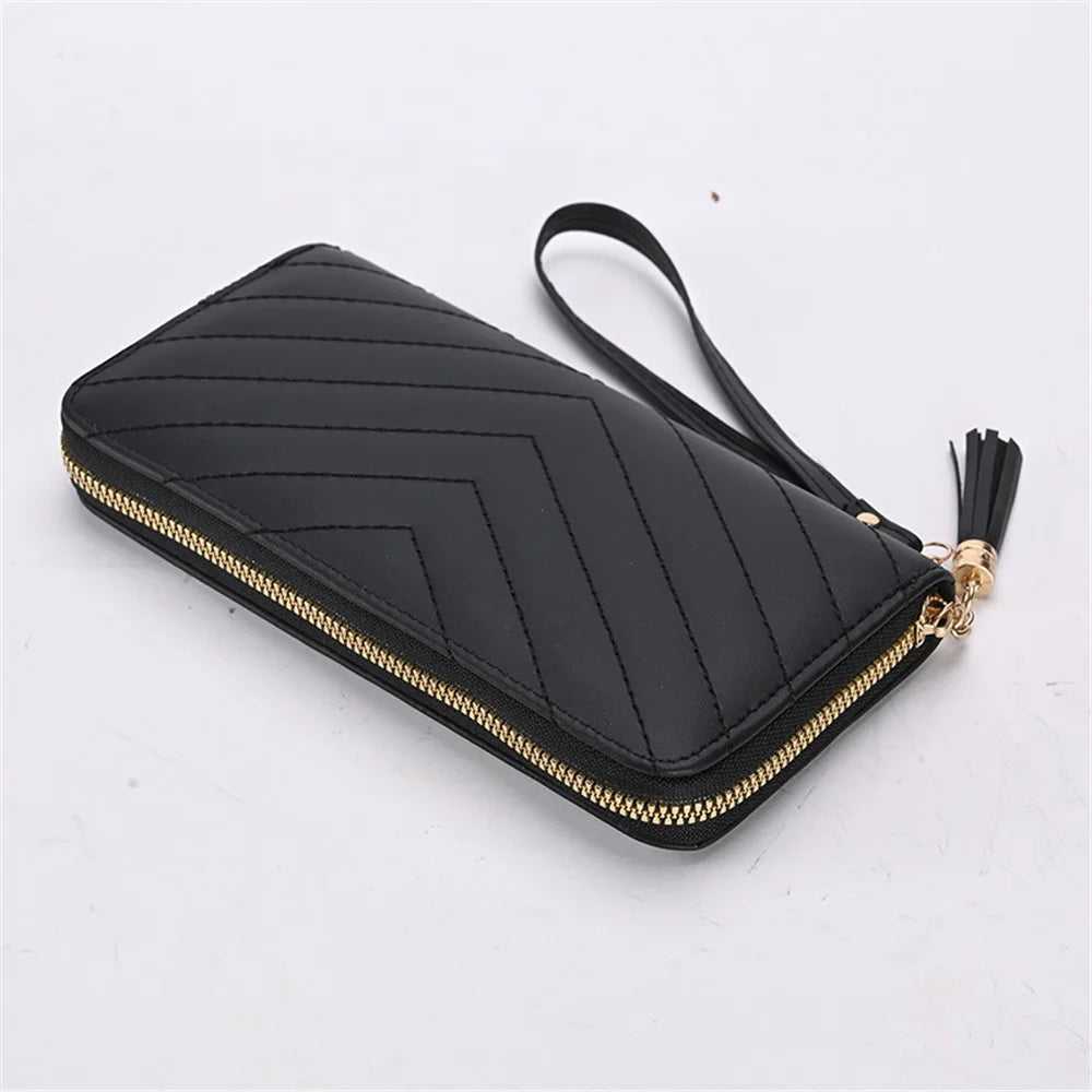 9316 Women's Wristlet Clutch Purse Stitching Line Design PU Leather Cell Phone Pouch Long Wallet Handbag - Black - 4