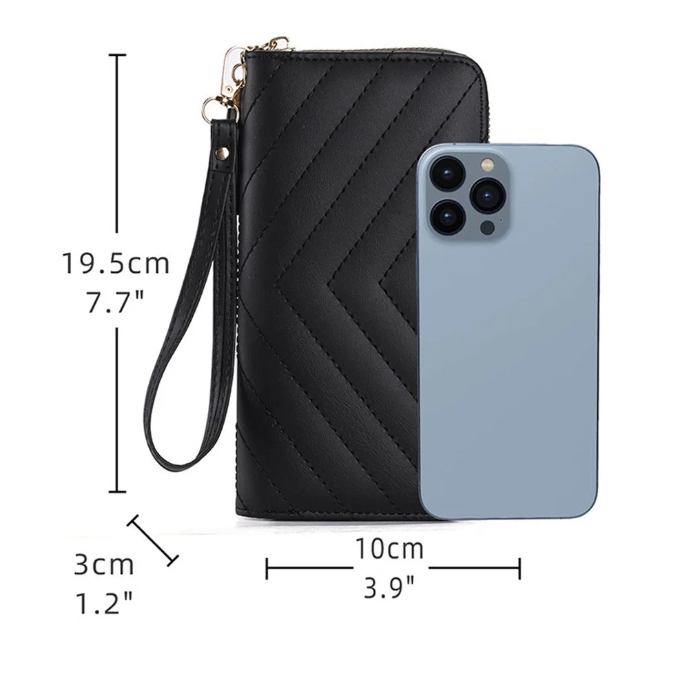 9316 Women's Wristlet Clutch Purse Stitching Line Design PU Leather Cell Phone Pouch Long Wallet Handbag - Black - 5