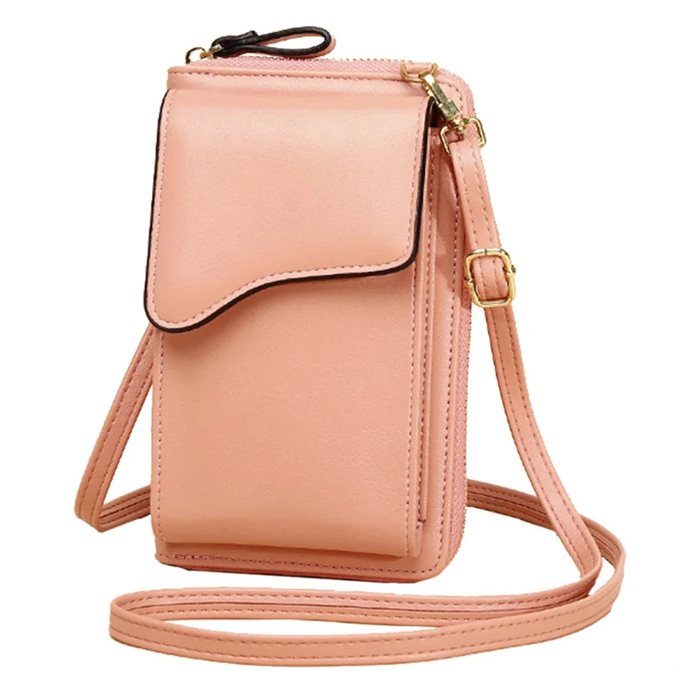 7119 Cell Phone Pouch Solid Color PU Leather Zipper Wallet Women Small Crossbody Shoulder Bag - Pink - 1