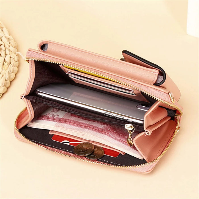 7119 Cell Phone Pouch Solid Color PU Leather Zipper Wallet Women Small Crossbody Shoulder Bag - Pink - 2