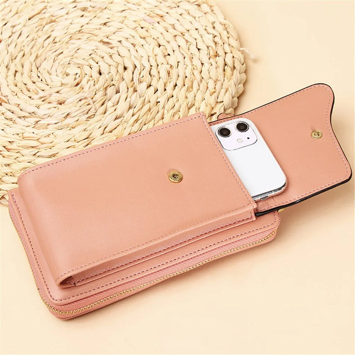7119 Cell Phone Pouch Solid Color PU Leather Zipper Wallet Women Small Crossbody Shoulder Bag - Pink - 4