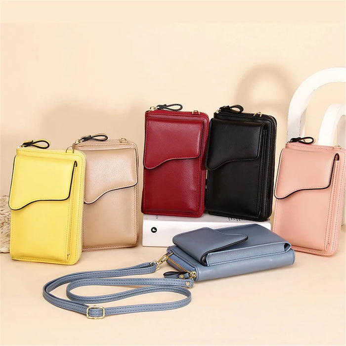 7119 Cell Phone Pouch Solid Color PU Leather Zipper Wallet Women Small Crossbody Shoulder Bag - Pink - 5
