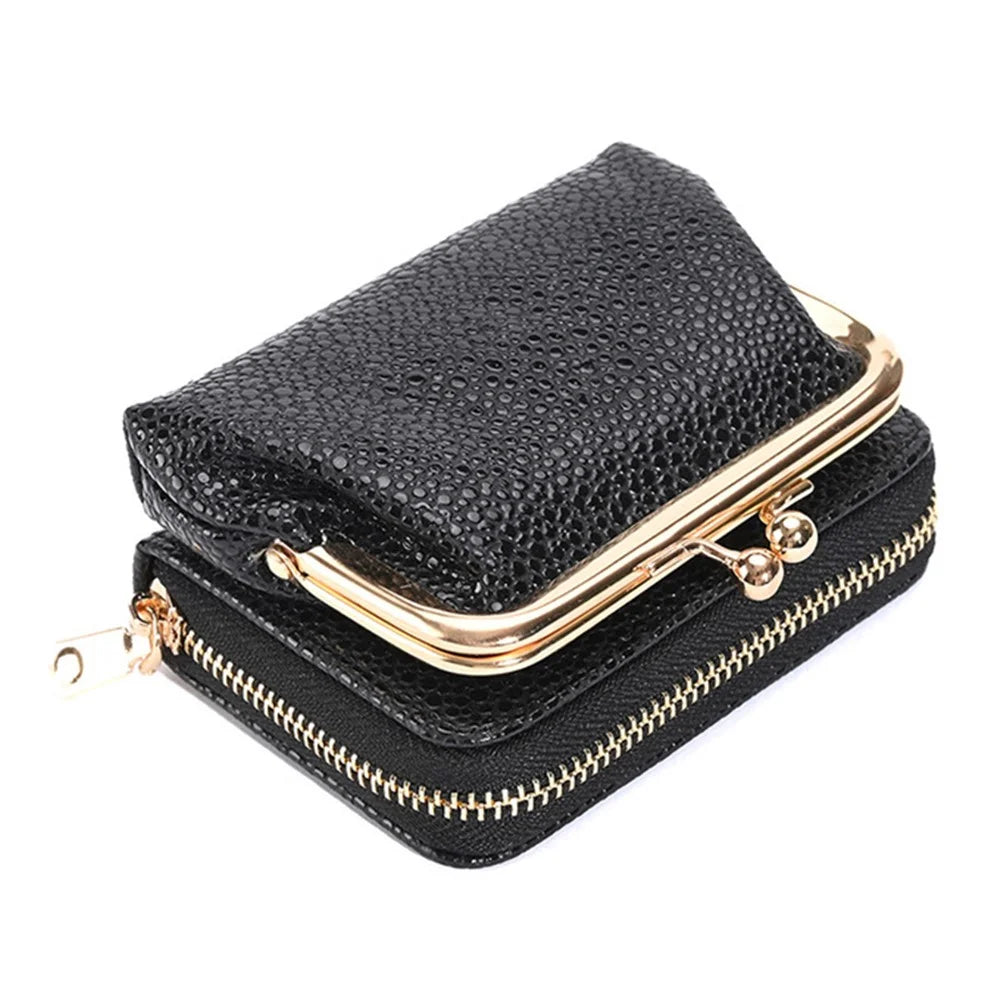 9310 Litchi Texture Leather Mini Wallet Kiss-lock Coin Small Change Purse Card Holder Bag - Black - 5