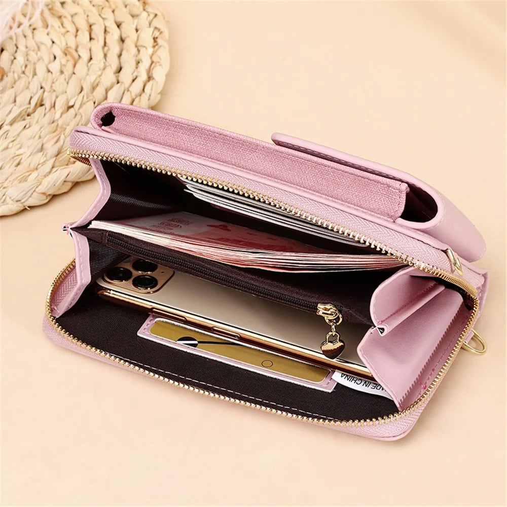 6139 Wallet Phone Bag Women's PU Leather Crossbody Shoulder Bag Card Holder Storage Pouch - Pink - 4