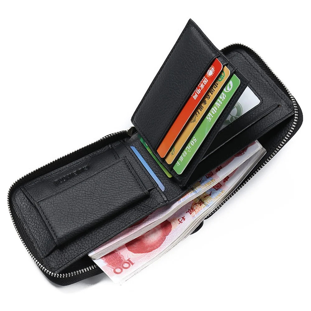 GUBINTU Top Layer Cowhide Leather Business Men Zipper Short Wallet Cards Cash Storage Bag - 5