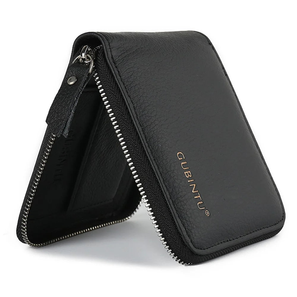 GUBINTU Top Layer Cowhide Leather Business Men Zipper Short Wallet Cards Cash Storage Bag - 6