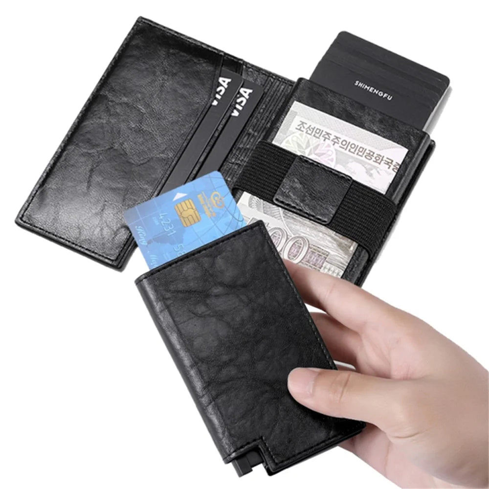 Folding RFID Blocking Card Holder Aluminum Alloy+PU Leather Wallet Card Case - Black - 2