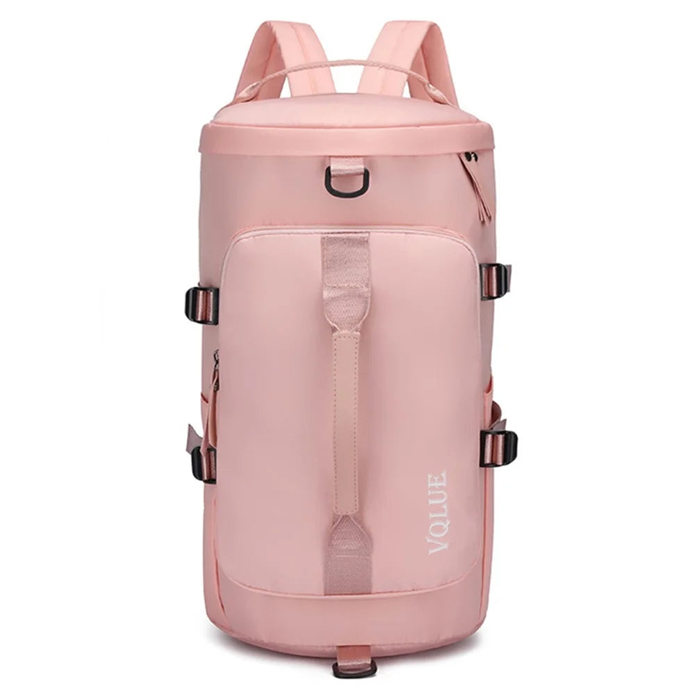 Large Capacity Nylon Sport Fitness Backpack Tote Crossbody Bag with Shoe Compartment - Pink - 1