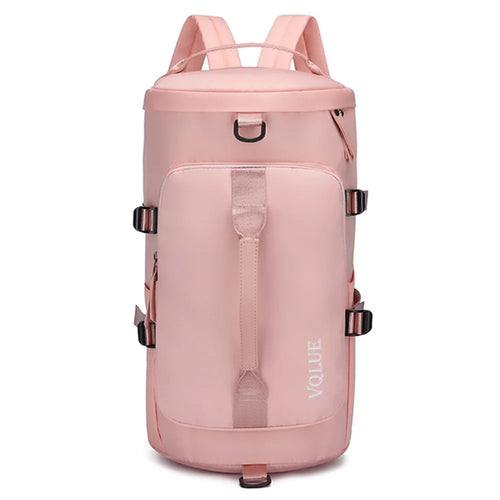 Large Capacity Nylon Sport Fitness Backpack Tote Crossbody Bag with Shoe Compartment - Pink - 1