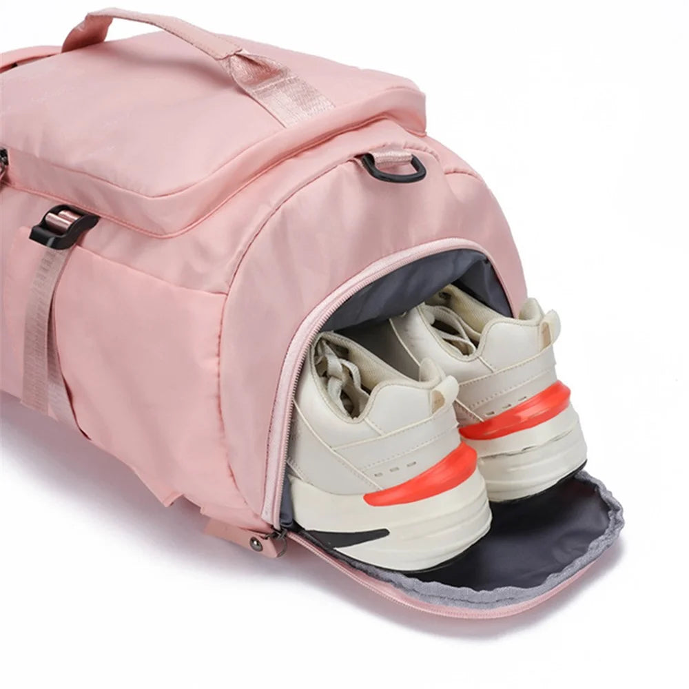 Large Capacity Nylon Sport Fitness Backpack Tote Crossbody Bag with Shoe Compartment - Pink - 3