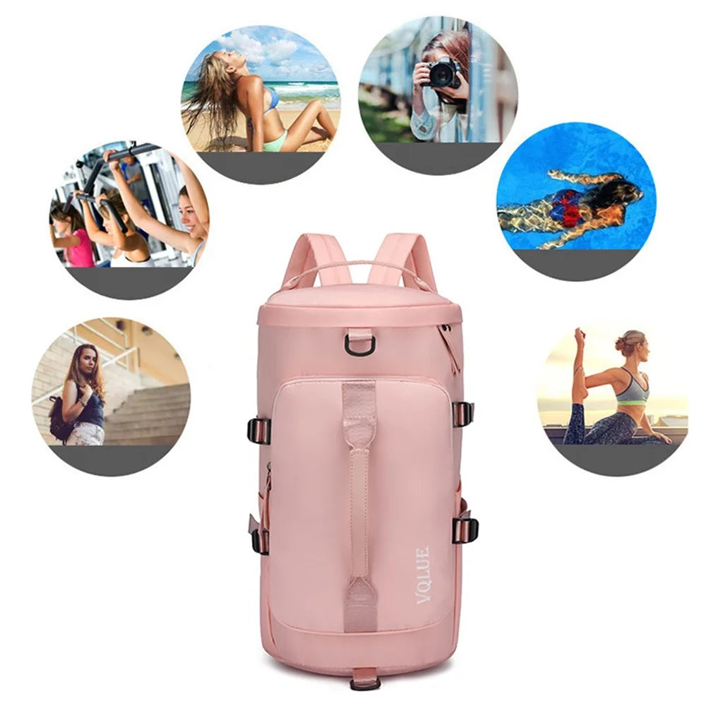 Large Capacity Nylon Sport Fitness Backpack Tote Crossbody Bag with Shoe Compartment - Pink - 4