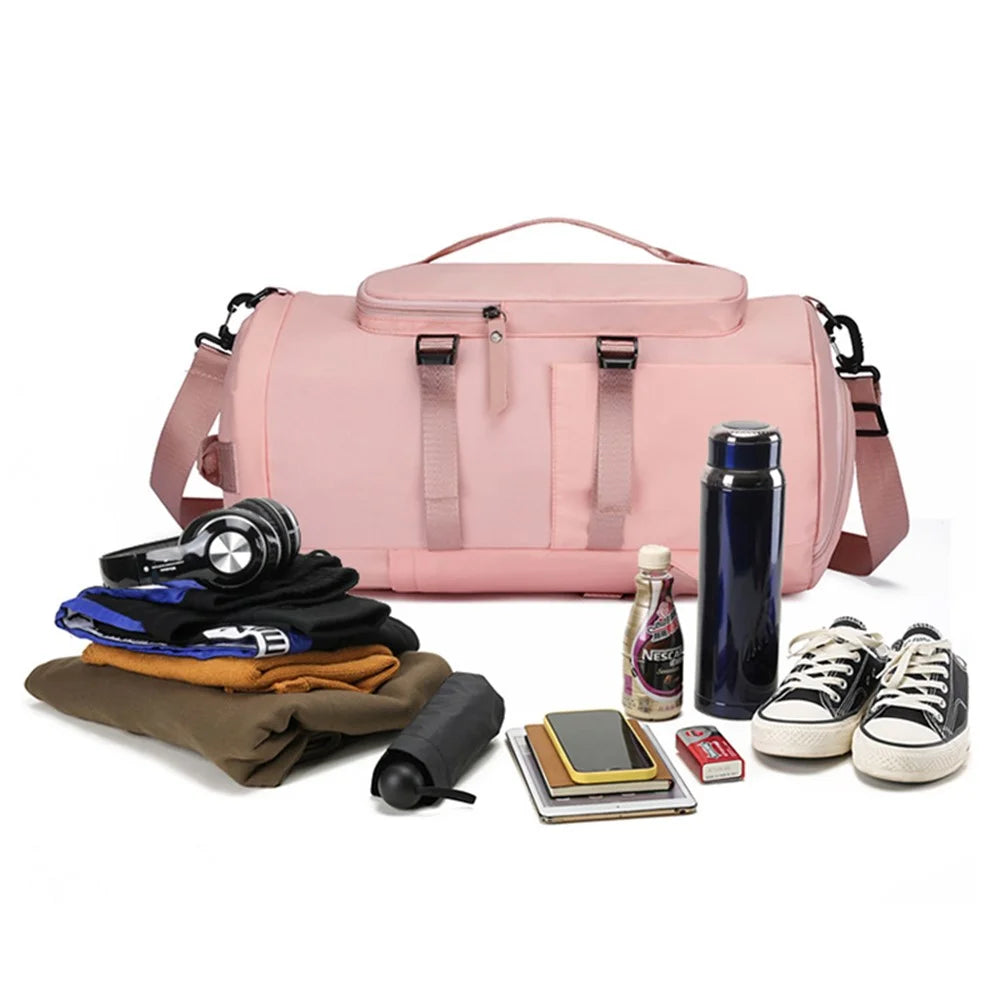 Large Capacity Nylon Sport Fitness Backpack Tote Crossbody Bag with Shoe Compartment - Pink - 5
