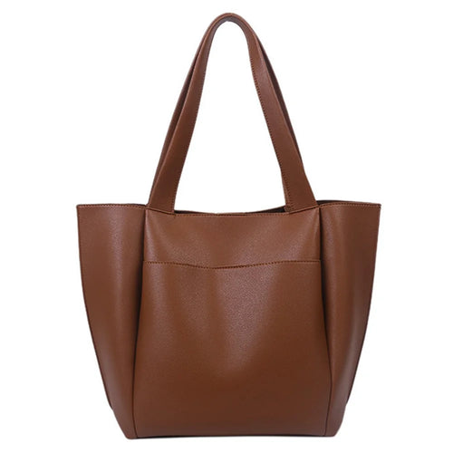 Large PU Leather Tote Handbag Top-Handle Women's Bucket Bag Shoulder Bag - Brown - 1