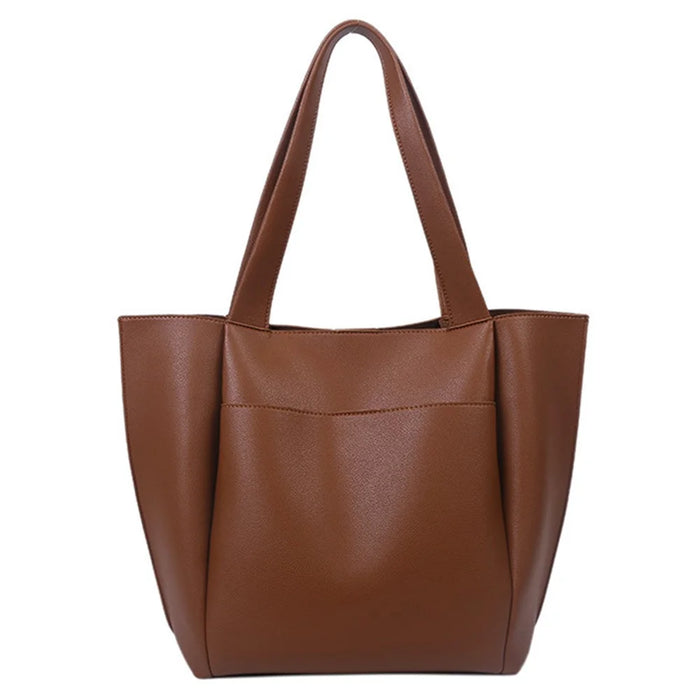 Large PU Leather Tote Handbag Top-Handle Women's Bucket Bag Shoulder Bag - Brown - 1