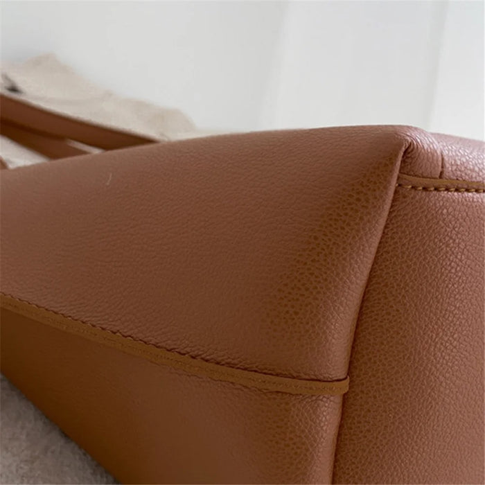 Large PU Leather Tote Handbag Top-Handle Women's Bucket Bag Shoulder Bag - Brown - 2