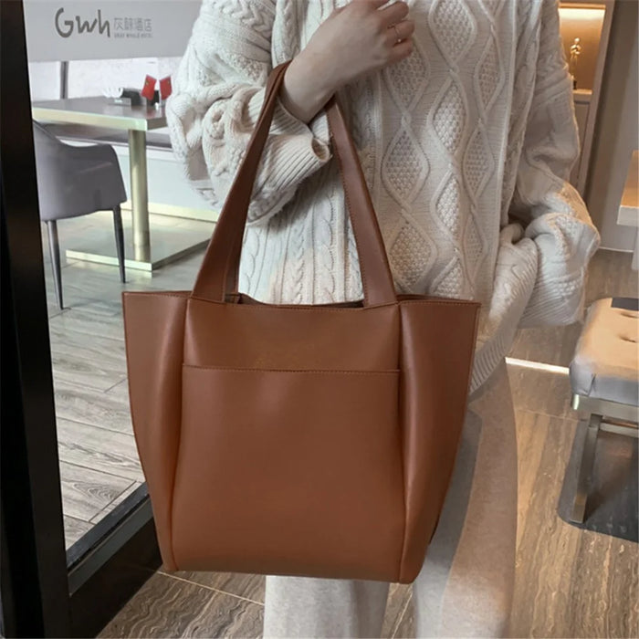 Large PU Leather Tote Handbag Top-Handle Women's Bucket Bag Shoulder Bag - Brown - 4