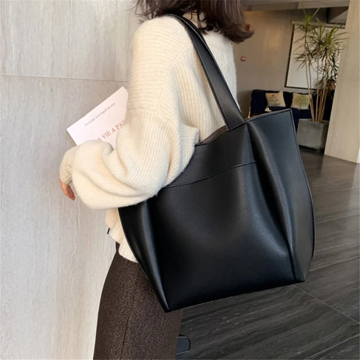 Large PU Leather Tote Handbag Top-Handle Women's Bucket Bag Shoulder Bag - Brown - 5