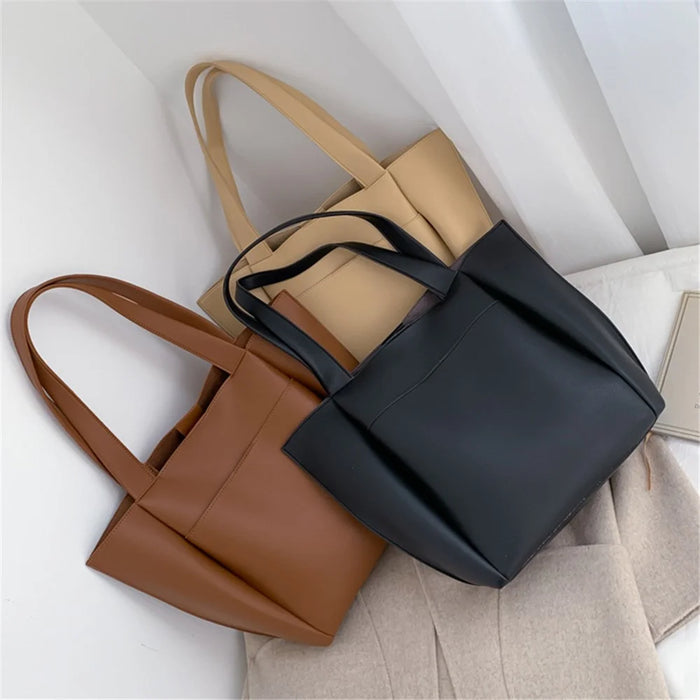 Large PU Leather Tote Handbag Top-Handle Women's Bucket Bag Shoulder Bag - Brown - 6