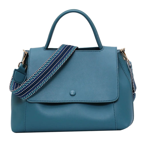 PU Leather Tote Handbag Women Crossbody Bag with Wide Shoulder Strap - Blue - 1