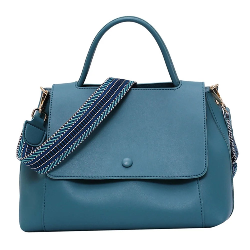 PU Leather Tote Handbag Women Crossbody Bag with Wide Shoulder Strap - Blue - 1