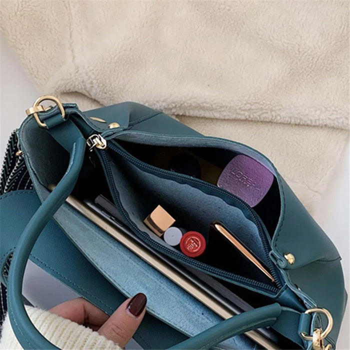 PU Leather Tote Handbag Women Crossbody Bag with Wide Shoulder Strap - Blue - 5