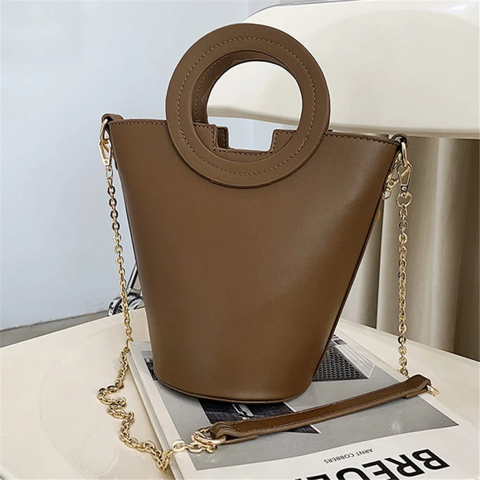 Chain Decor Women Crossbody Bag PU Leather Bucket Bag with Round Handle - Brown - 2