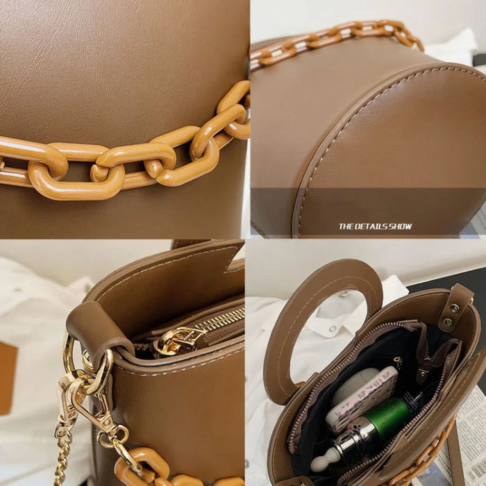 Chain Decor Women Crossbody Bag PU Leather Bucket Bag with Round Handle - Brown - 3