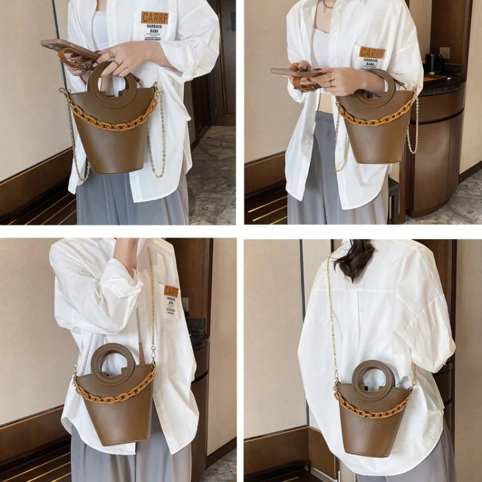 Chain Decor Women Crossbody Bag PU Leather Bucket Bag with Round Handle - Brown - 4