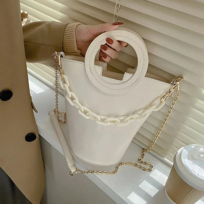Chain Decor Women Crossbody Bag PU Leather Bucket Bag with Round Handle - Brown - 5
