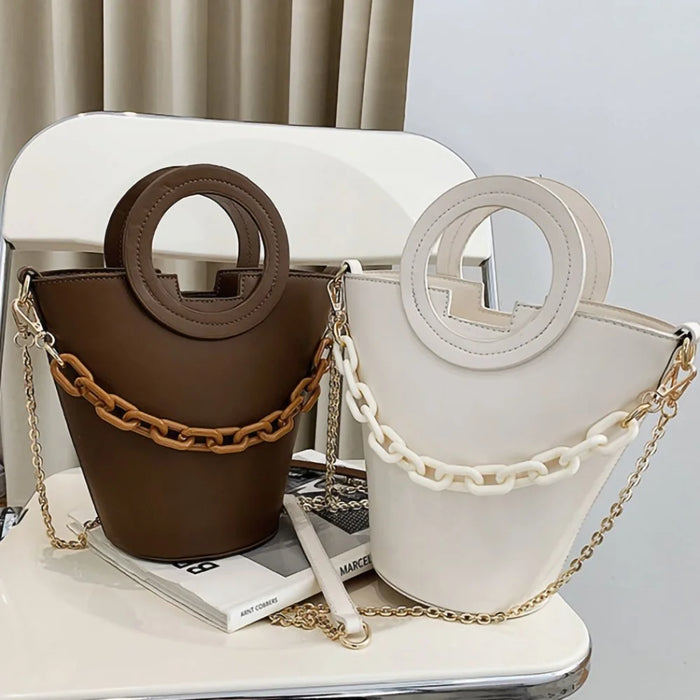 Chain Decor Women Crossbody Bag PU Leather Bucket Bag with Round Handle - Brown - 6