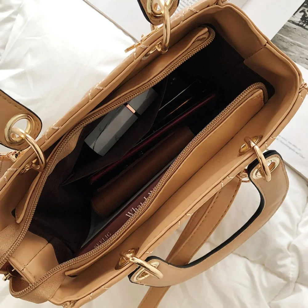 BJ-2198 Women's Shopping Handbag Tote Retro Stitching Line Leather Crossbody Shoulder Bag - Dark Brown - 2
