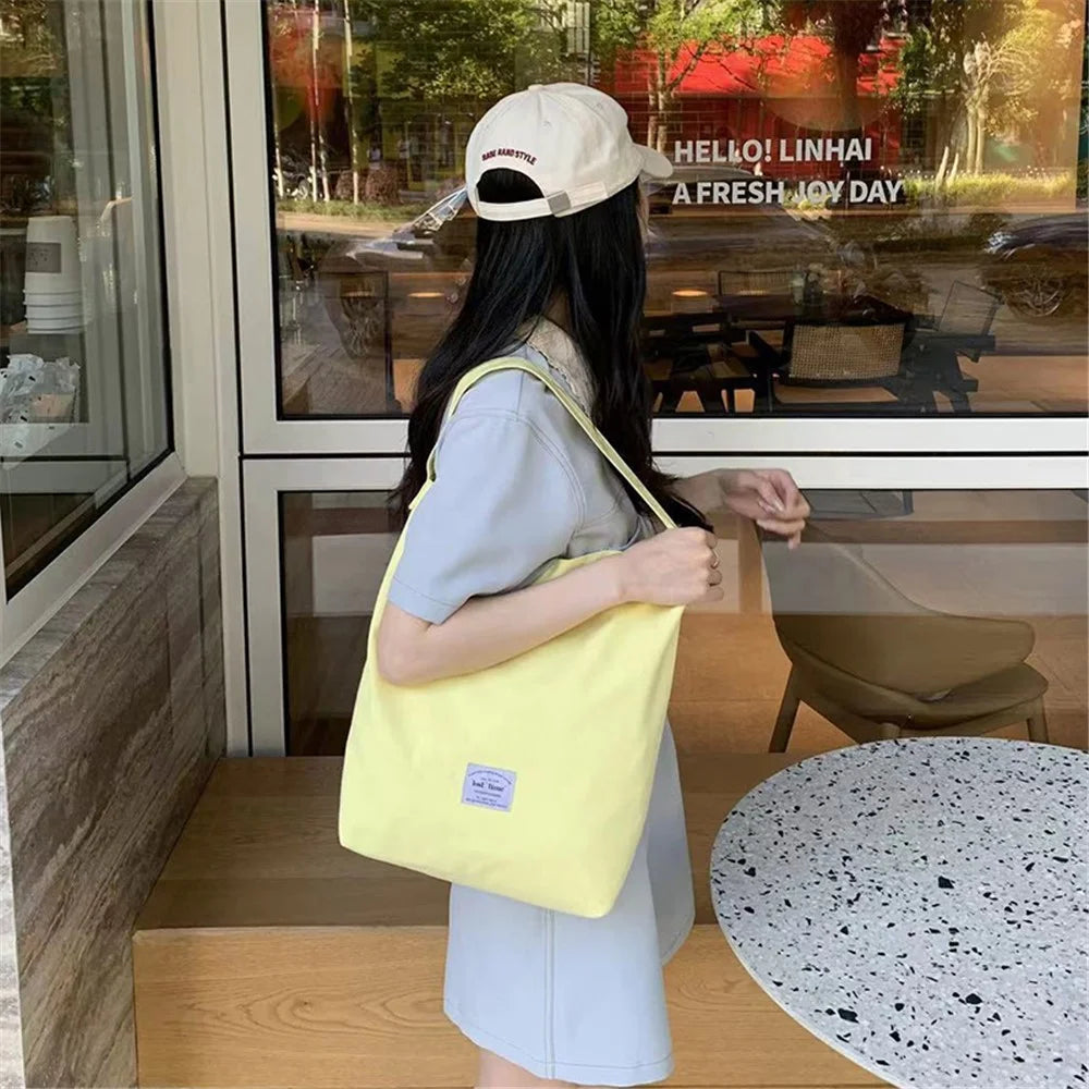 Candy Color Women Canvas Single Shoulder Bag Lightweight Shopping Bag - Yellow - 2