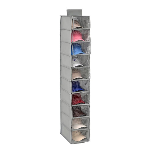 MOHO & HOME 6312 Clear Lid Design 10 Layer Hat Storage Bag Non-woven Wardrobe Hanging Organizer, 23*30*150cm - Grey - 1