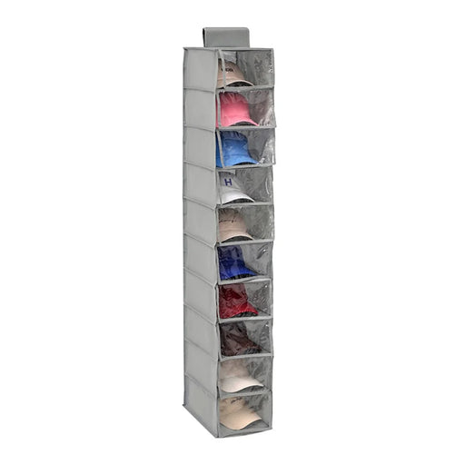 MOHO & HOME 6312 Clear Lid Design 10 Layer Hat Storage Bag Non-woven Wardrobe Hanging Organizer, 23*30*150cm - Grey - 1