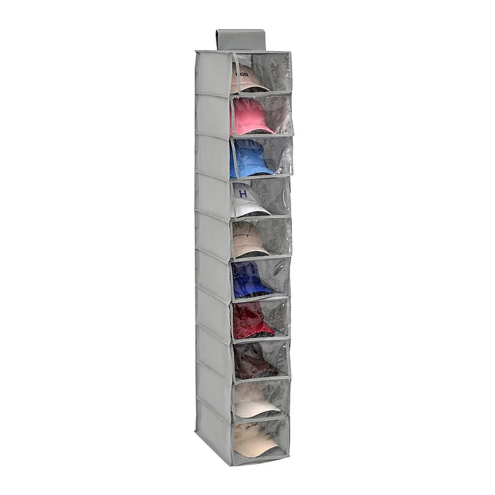 MOHO & HOME 6312 Clear Lid Design 10 Layer Hat Storage Bag Non-woven Wardrobe Hanging Organizer, 23*30*150cm - Grey - 1