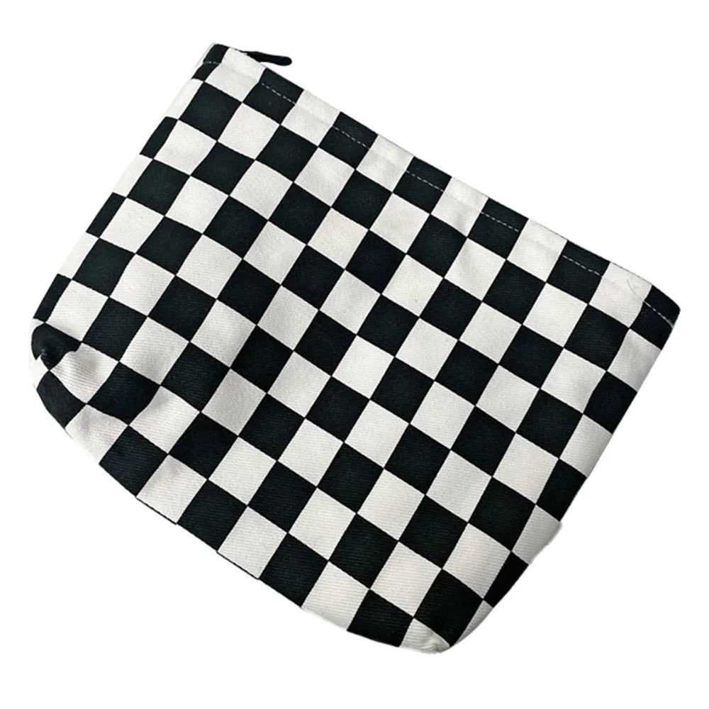 TZ Checkered Canvas Cosmetic Storage Bag Large Capacity Makeup Pouch Pen Coin Purse Handbag - Black / White - 1