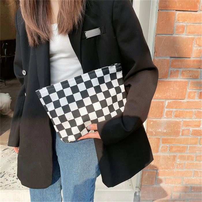 TZ Checkered Canvas Cosmetic Storage Bag Large Capacity Makeup Pouch Pen Coin Purse Handbag - Black / White - 2